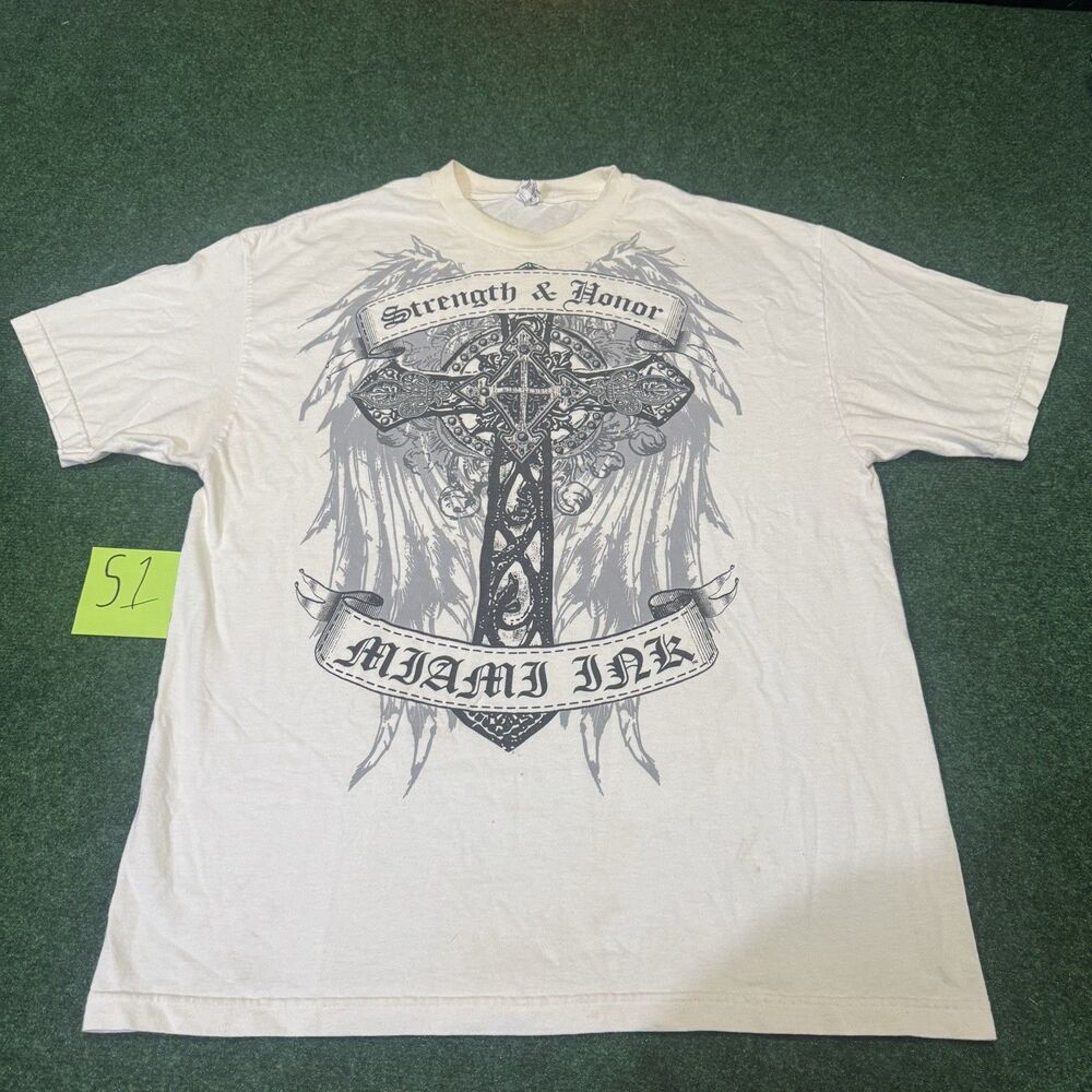 VTG 2000s Miami Ink Strength & Honor Cross T-Shirt XL Alstyle Made Mexico